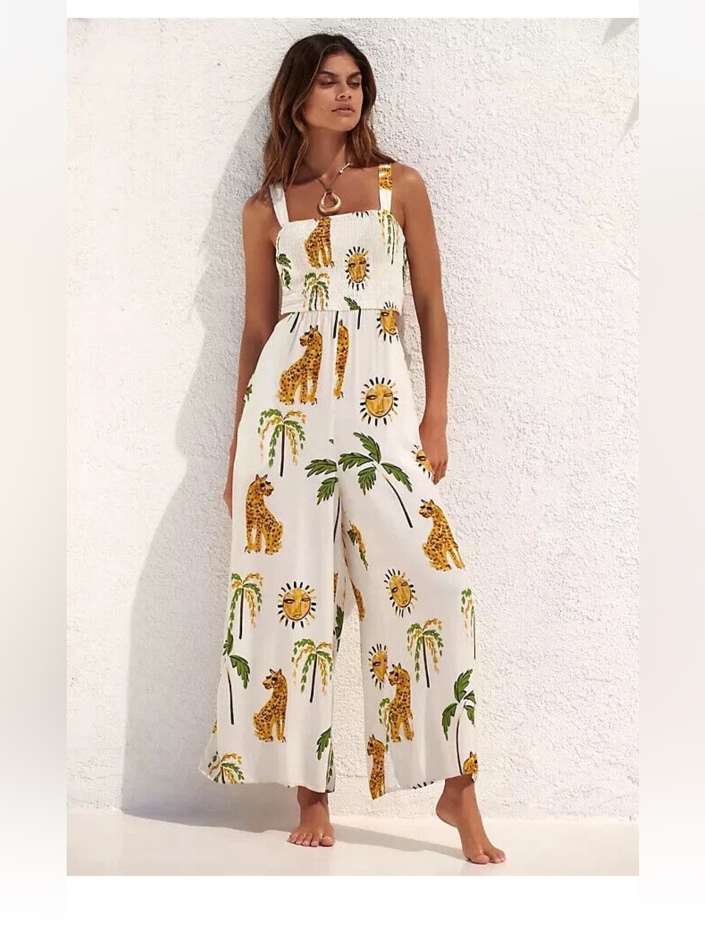 Anthropologie White Smocked Sun & Leopard Print Wide-Leg Jumpsuit x large XL